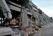 collapsed Cypress Street Viaduct in Oakland, California due to an earthquake