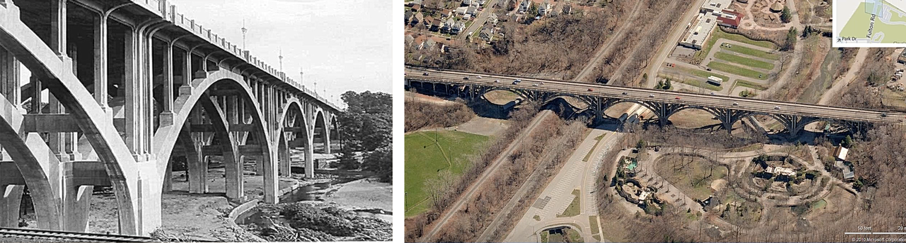 Left: The original Fulton Street Bridge structure (now demolished). Right: Aerial view of the new Fulton Street Bridge.   