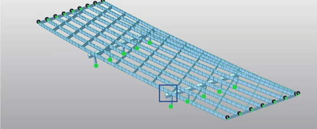 Skewed steel girder bridge with sub beam and variable girder span lengths.