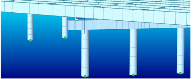 Skewed steel girder bridge with sub beam and variable girder span lengths.