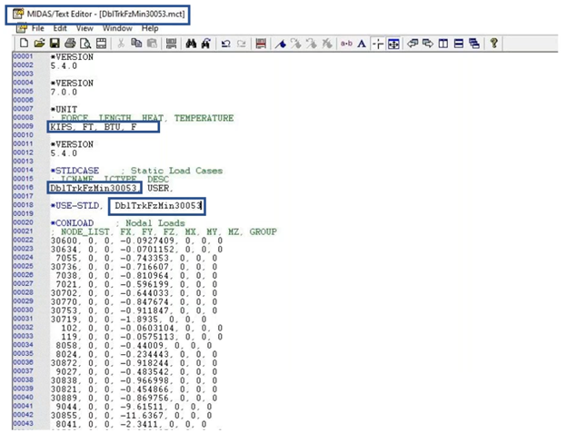 Midas Civil .mct file that specifies the static load representing the truck location that contributes to the maximum loading effect at the element 30035.