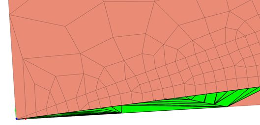 Distorted elements (highlighted in green) due to the transition from coarse to fine elements
