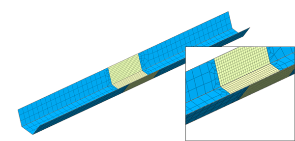 Mesh transition between fine and coarse mesh utilizing edge seeds control on a steel tub girder plate element mesh. 
