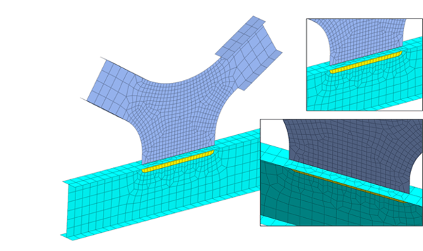 Mesh transition at I girder connection utilizing edge seeds control to ensure merged nodes at mesh sets boundaries.