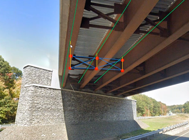 A steel girder bridge with cross frame member connecting the girders. Green line indicates girder elements in midas, blue indicates cross frame members, and yellow indicates links. 