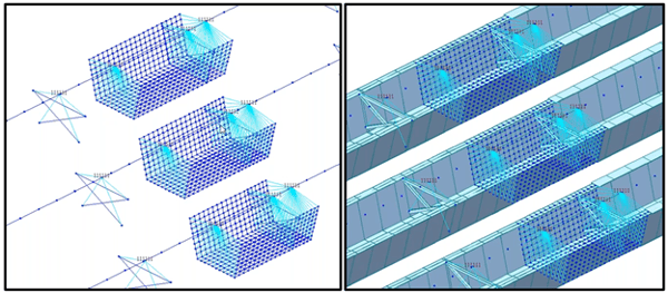 Transition from beam element to plate element to simulate more detailed analysis results in a buckling tub girder bridge model. Shown in light blue is rigid links established between the beam nodes and nodes on the perimeter of the plate elements. 