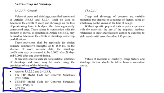 Material models suggested by AASHTO for creep and shrinkage where mix-specific data are not available. 