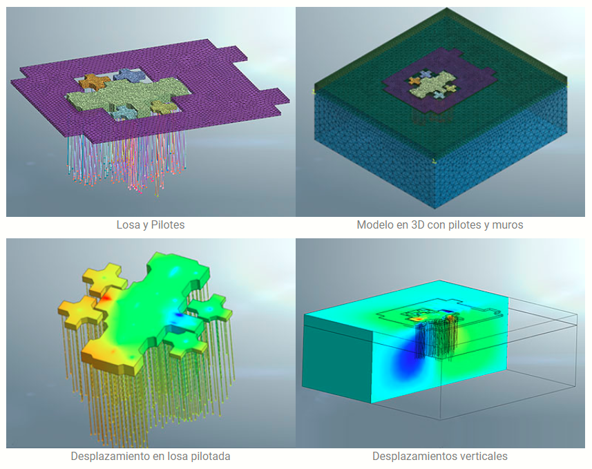 Losa y Pilotes | Modelo en 3D con pilotes y muros | Desplazamiento en losa pilotada | Desplazamientos verticales